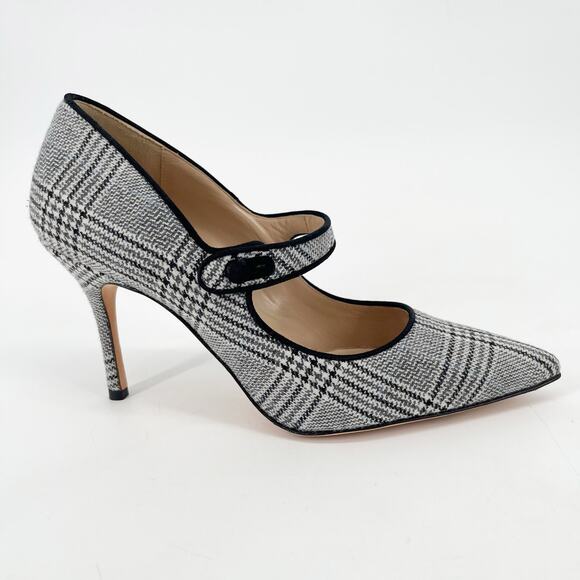 Manolo Blahnik Campari Houndstooth Wool Black Trim Mary Jane Heels Pumps IT 37.5 - Picture 2 of 11